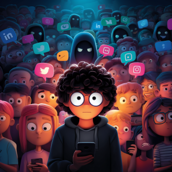 A small, red, hooded figure walks away from the viewer, surrounded by numerous hanging social media and communication app icons, appearing as if being entangled or controlled by their strings.